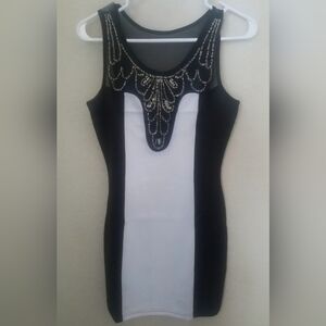 Bodycon Style Boutique Black White Sleeveless Dress with Beaded Neckline NWOT